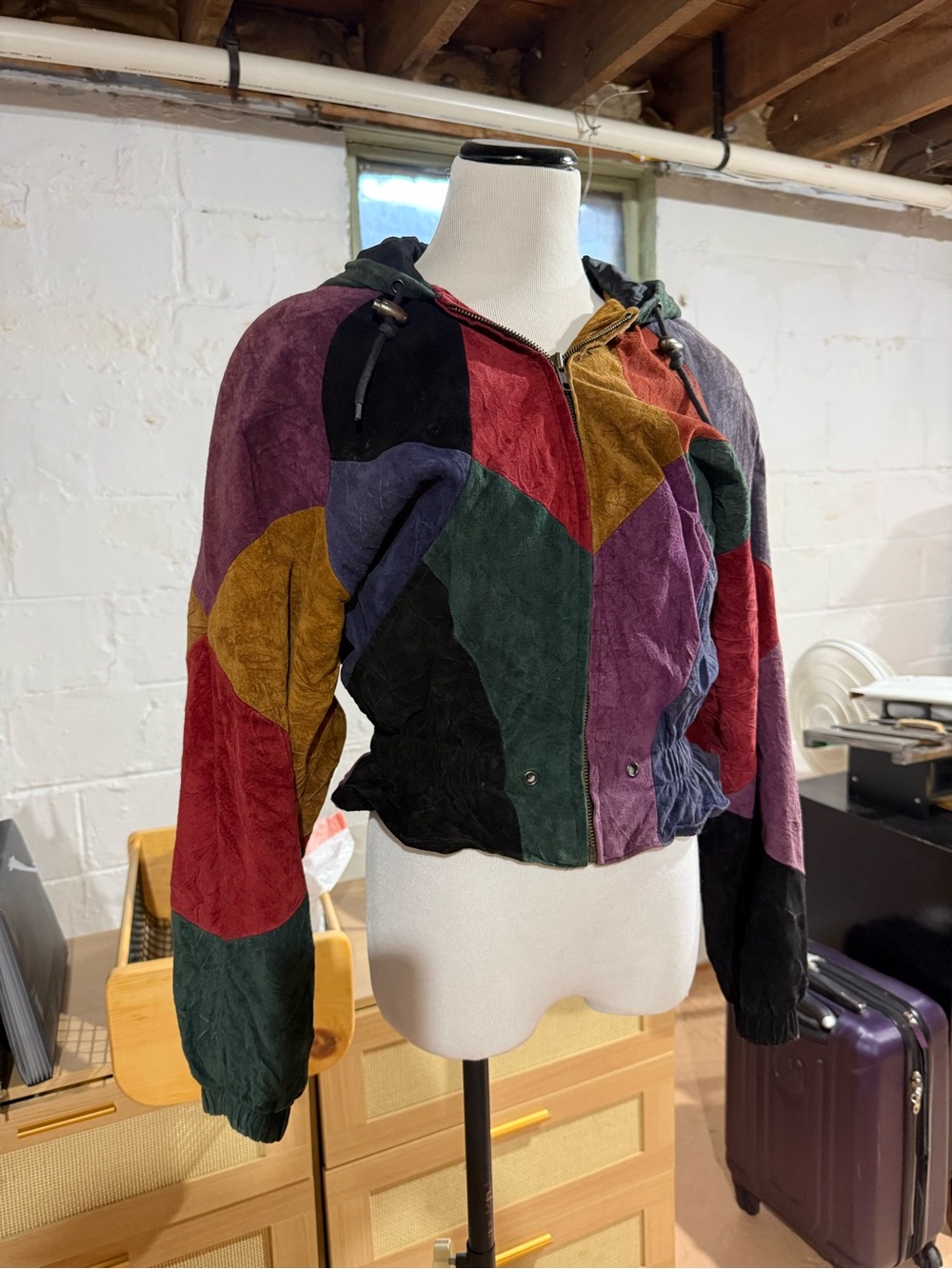 Colorblock Hooded Suede Bomber Jacket - patchwork leather